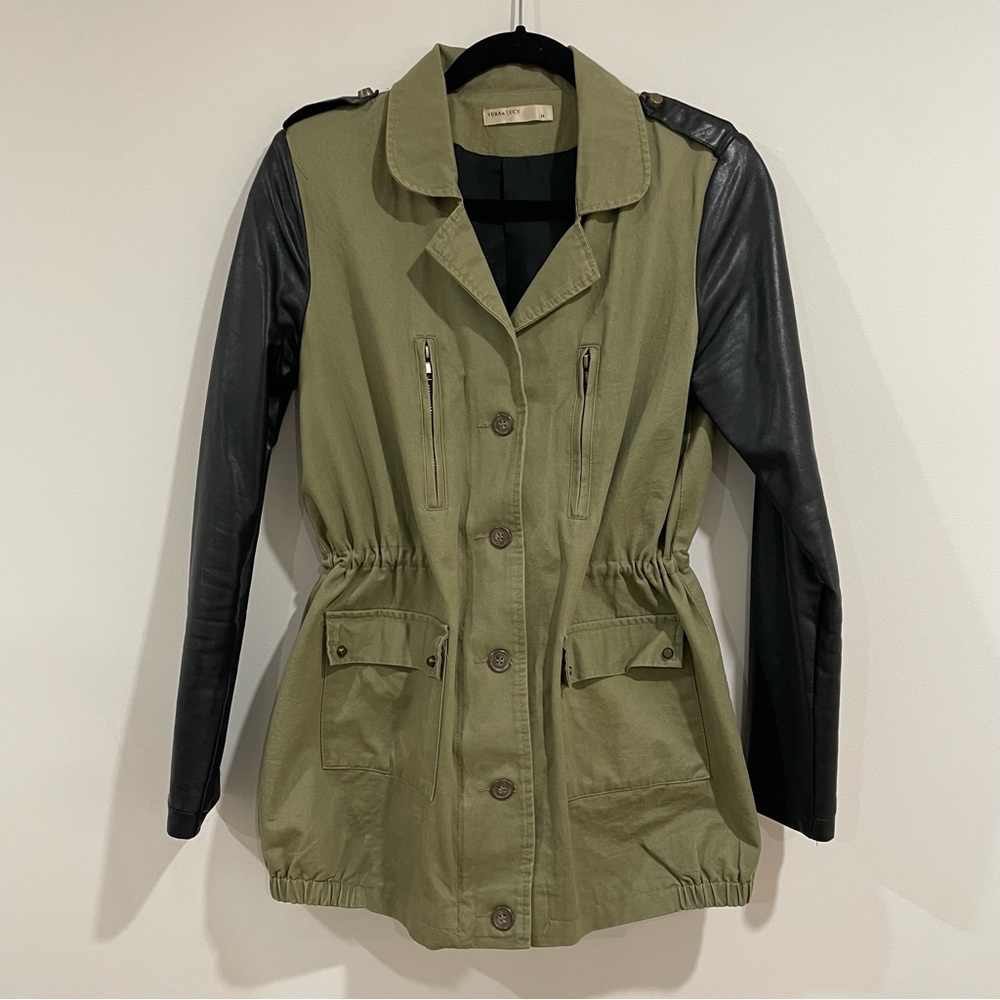Vera & Lucy long green & black military jacket size medium 2 pockets zip buttons